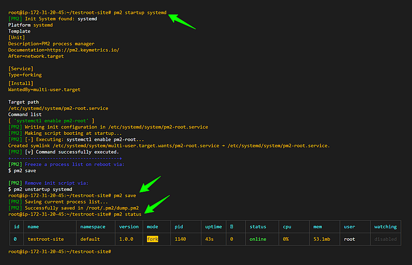 systemd startup service created (pm2-root.service)