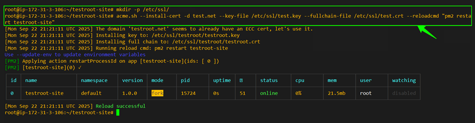 Terminal output confirming successful installation of the SSL