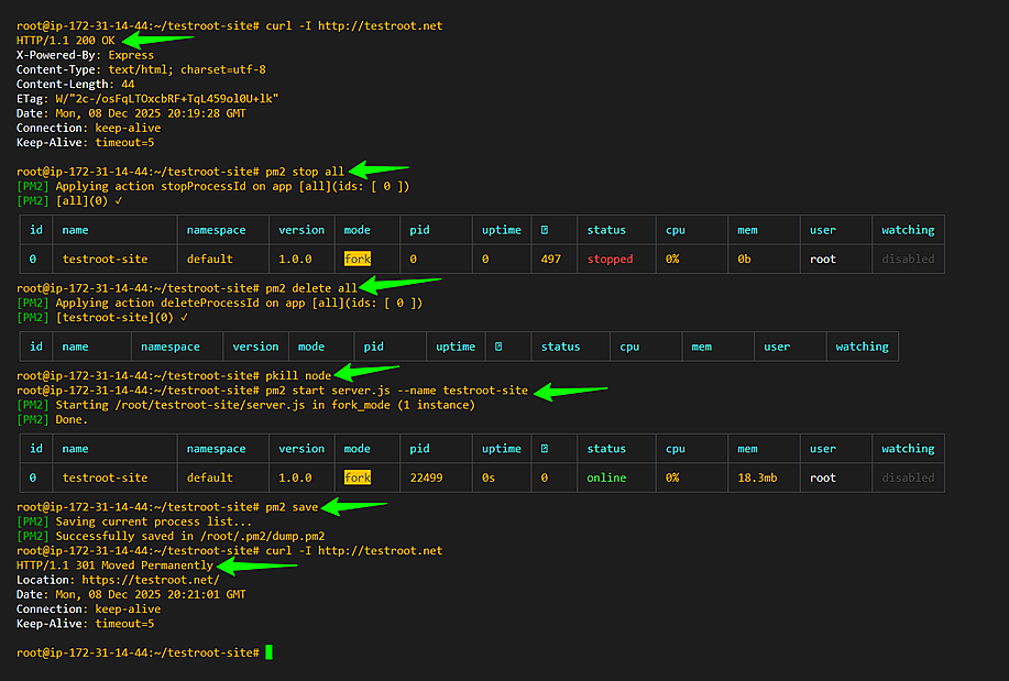 Cleaning old PM2 processes (stop/delete) and restarting server.js to fix HTTP→HTTPS port binding conflicts