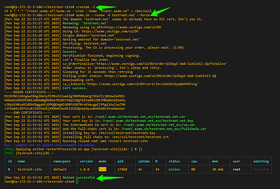 Renewal test showing reload executed.