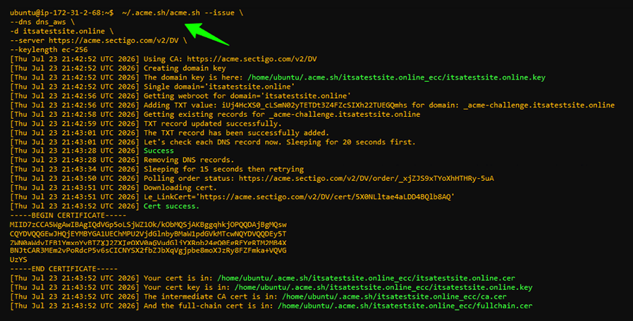 The certificate is issued using DNS-01 validation via Route53.