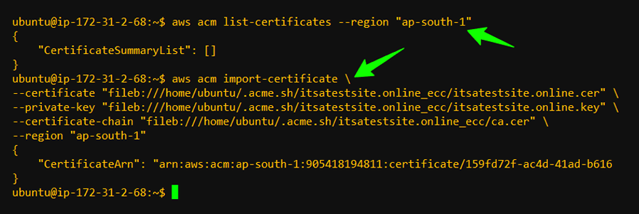 example shows the successful ACM certificate import