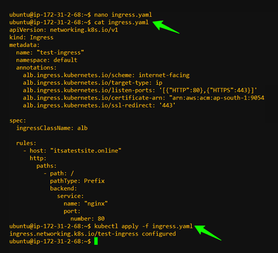 ALB Ingress showing HTTPS listener configuration and ACM certificate successfully attached.