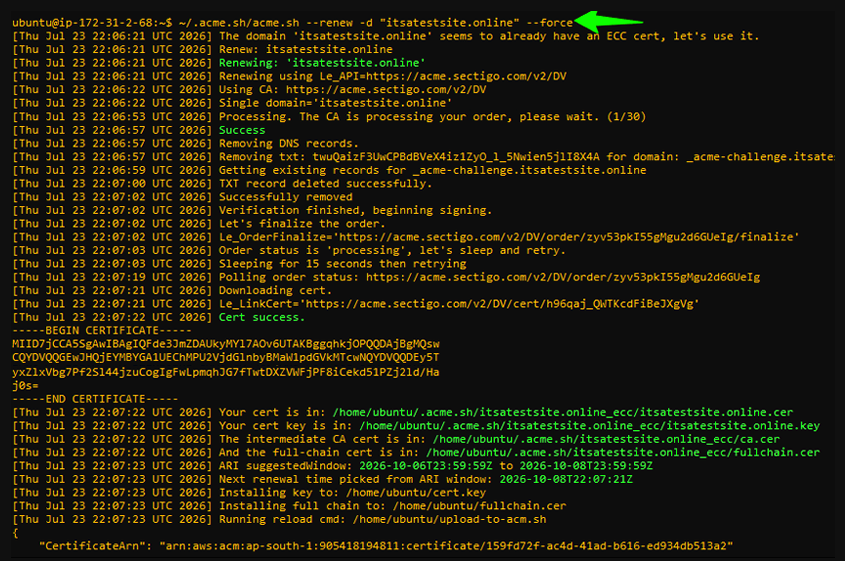 An example of a forced renewal, showing DNS validation, certificate issuance, and automatic ACM import via a hook