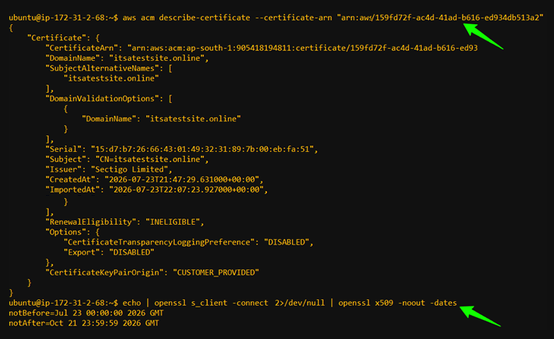 Live SSL certificate validation showing active validity period.