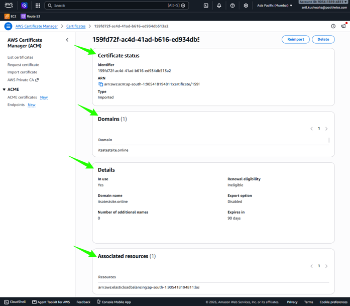 ACM certificate details showing ISSUED status, validity dates, and association with AWS Load Balancer Controller.
