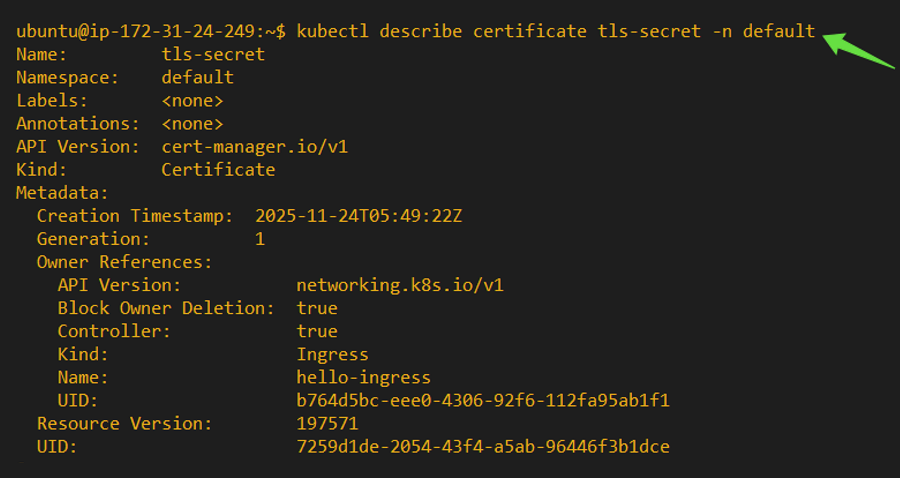 kubectl describe certificate output showing cert-manager successfully