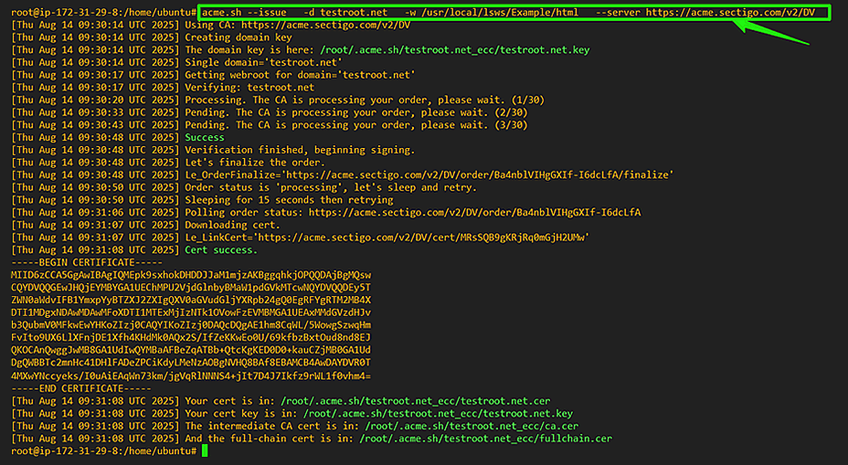 Terminal showing successful issuance of an ACME SSL 